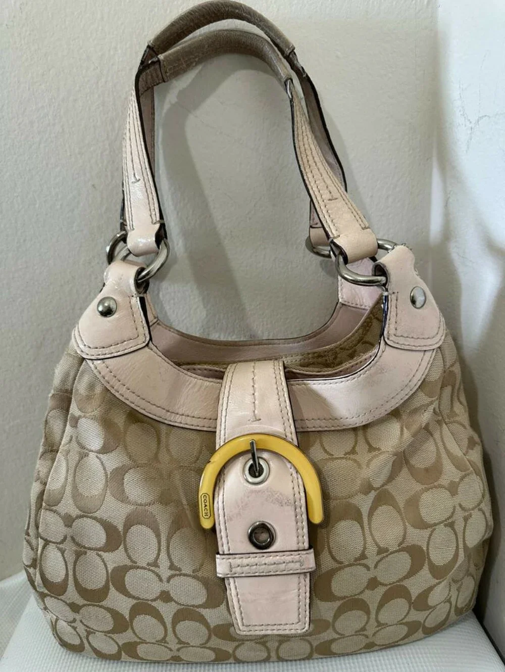 Coach Vintage Y2K Khaki Satchel Handbag with Pink Lining